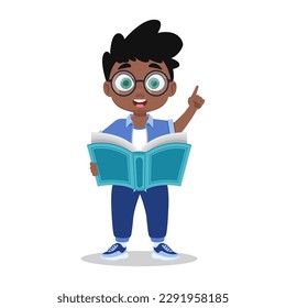 Cute boy reading a book. Vector illustration