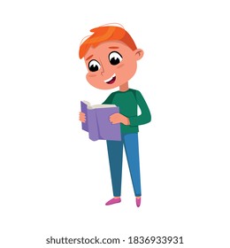 Cute Boy Reading Book while Standing, Preschooler Kid or Elementary School Student Enjoying Literature Cartoon Style Vector Illustration