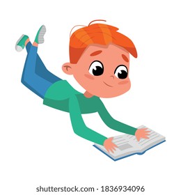 Cute Boy Reading Book while Lying on his Stomach on Floor, Preschooler Kid or Elementary School Student Enjoying Literature Cartoon Style Vector Illustration