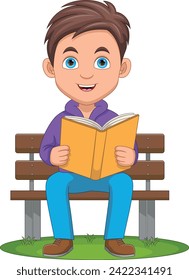 cute boy reading a book while sitting on a bench cartoon