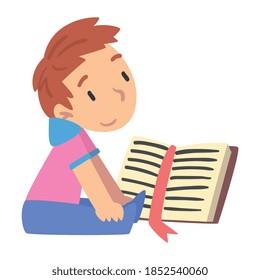 Cute Boy Reading Book, Young Fan of Literature, Fairy Tales, Stories, Discoveries Cartoon Style Vector Illustration