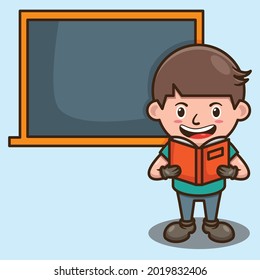 Niño Concurrido Leyendo En Aula Apuntando Al Diseño De Caricaturas En Carteles De Cartón