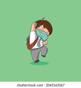 cute boy ready back to school wearing mask and jumping vector icon illustration. Available for T-shirts and other merchandise.