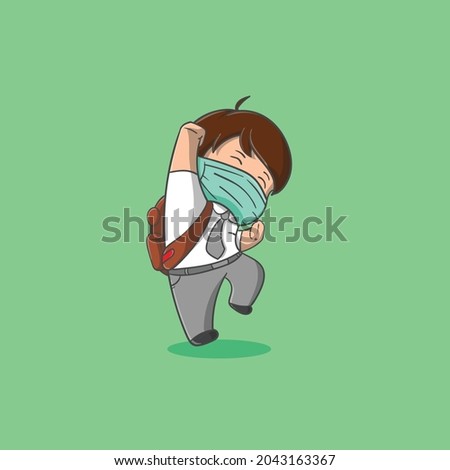 cute boy ready back to school wearing mask and jumping vector icon illustration. Available for T-shirts and other merchandise.