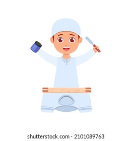Cute Junge bereit zum Siebdruck Druckbekleidung mit Tinte und Holzgriff in der Hand