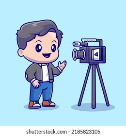 Cute Boy Recording Video On Camera Cartoon Vector Icon Illustration. People Technology Icon Concept Isolated Premium Vector. Flat Cartoon Style