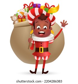 Cute boy in red costume with gift bag - Sinterklaas friend - vector illustration isolated