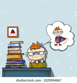 cute boy red hair dreams and smile behind a pile of books, coloured drawing hand paint, little dreamer, superhero, positive emotion, school day