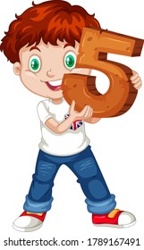 Cute boy with red hair holding math number five illustration