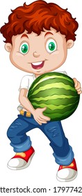 Cute boy with red hair holding watermelon fruit in standing position illustration