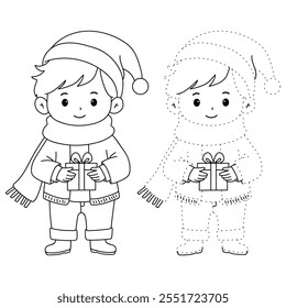 Cute boy with red scarf and christmas gift coloring pages for kids. Trace and color boy with red scarf. Christmas character. Holiday seasons worksheet printable for kids. Christmas worksheet.