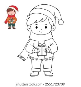 Cute boy with red scarf and christmas gift coloring pages for kids. Trace and color boy with red scarf. Christmas character. Holiday seasons worksheet printable for kids. Christmas worksheet.