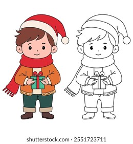 Cute boy with red scarf and christmas gift coloring pages for kids. Trace and color boy with red scarf. Christmas character. Holiday seasons worksheet printable for kids. Christmas worksheet.