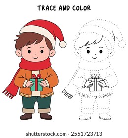 Cute boy with red scarf and christmas gift coloring pages for kids. Trace and color boy with red scarf. Christmas character. Holiday seasons worksheet printable for kids. Christmas worksheet.