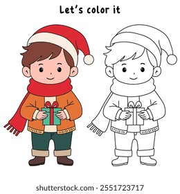 Cute boy with red scarf and christmas gift coloring pages for kids. Trace and color boy with red scarf. Christmas character. Holiday seasons worksheet printable for kids. Christmas worksheet.