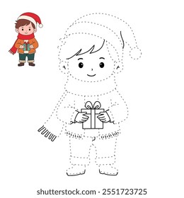 Cute boy with red scarf and christmas gift coloring pages for kids. Trace and color boy with red scarf. Christmas character. Holiday seasons worksheet printable for kids. Christmas worksheet.