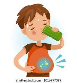 Cute Boy In Red Shirt Holding Beverage Cans Of  Kid Drinking Sparkling Water. Abdominal Pain, Flatulence, Gas In The Stomach. Bad For Children's Health. Vector Illustration Isolated On White Backgroun