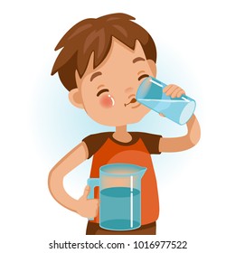 Cute boy in red shirt holding glass of kid drinking water. Emotionally be smile. Healthy concepts and crowth in child cutrition. Vector Illustration Isolated on White background.