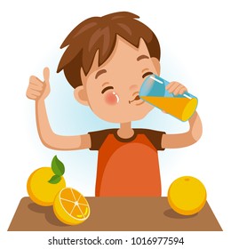 Cute Boy In Red Shirt Holding Glass Of  Kid Drinking Orange Juice. Thumbs Up. Emotionally. Healthy Concepts And Crowth In Child Cutrition. Vector Illustration Isolated On White Background.
