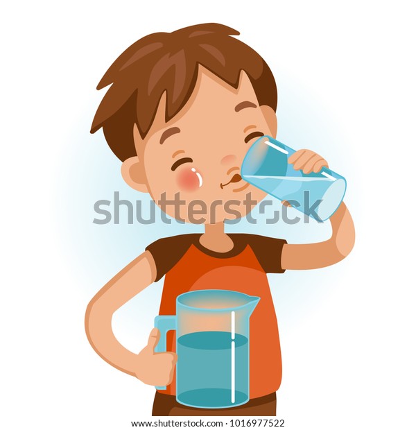赤シャツを着たかわいい男の子が 水を飲む子供のグラスを持っている 感情的にほほ笑む 子どもの刺激の中で 健康的なコンセプトと成長 白い背景にベクター イラスト のベクター画像素材 ロイヤリティフリー
