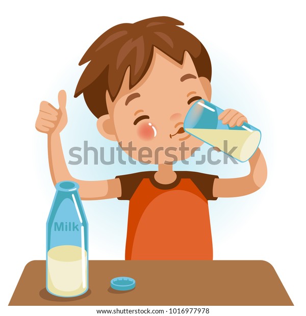 赤シャツを着た可愛い男の子が子供のグラスを持って牛乳を飲んでいる 親指を出す 感情的 健康的な考え方と子どもの栄養の成長 白い背景にベクターイラスト のベクター画像素材 ロイヤリティフリー
