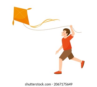 The cute boy in a red T-shirt runs after the kite. Boy flying a kite isolated on a white background. Vector flat illustration.