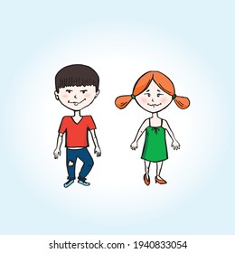 cute boy and redhead kind girl, vector illustration, teens