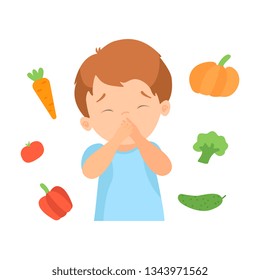 Cute Boy Refusing to Eat Vegetables, Kid Does Not Like Healthy Food Vector Illustration