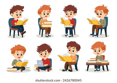 The cute boy is relaxing and enjoying reading books and using the laptop computer. Flat style cartoon illustration.