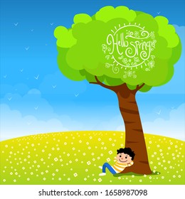 Cute Boy Resting Under the Tree.  Hello Spring Handmade Type. Vectoral Illustration. White Background Isolated.