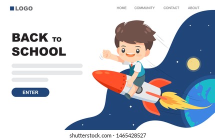 Cute boy ride on the rocket in to the space with earth, moon and star at background use for landing page, back to school vector illustration