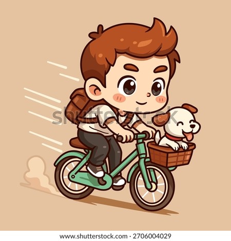 Cute Boy Riding Bicycle With Dog Puppy Cartoon Vector Illustration. People Animal Icon Concept Isolated Premium Vector. Flat Cartoon Style