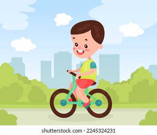 Cute boy riding bike on street. Summer outdoor activity cartoon vector