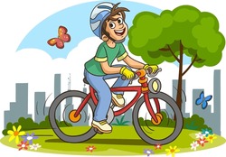 Cute Boy Riding Bike To School Cartoon Vector
