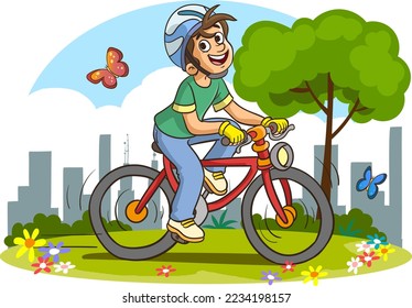 cute boy riding bike to school cartoon vector