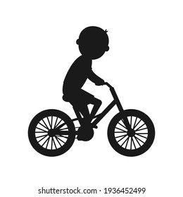 Cute boy riding bike silhouette. Healthy lifestyle in black color concept. Little child rides bicycle. Vector isolated on white	