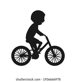 Cute Boy Riding Bike Silhouette. Healthy Lifestyle In Black Color Concept. Little Child Rides Bicycle. Vector Isolated On White	