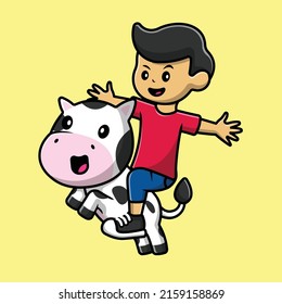 Cute Boy Riding Cow Cartoon Vector Icon Illustration. People Animal Icon Concept Isolated Premium Vector.
