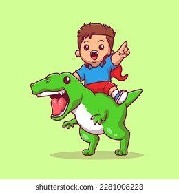 Cute Boy Riding Dinosaur Cartoon Vector Icon Illustration. People Animal Icon Concept Isolated Premium Vector. Flat Cartoon Style