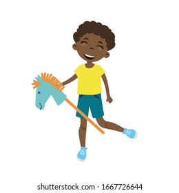 Cute boy riding a horse stick toy vector. Afro-american happy kid playing cartoon illustration.