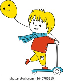 Cute boy riding kick scooter with ballon. Children cartoon illustration. Outdoor sport and leisure activities. Vector