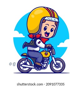 Cute Boy Riding Motorbike Cartoon Vector Icon Illustration. People Transportation Icon Concept Isolated Premium Vector. Flat Cartoon Style