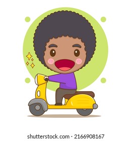 Cute boy riding motorbike. Chibi cartoon character. Vector art illustration