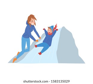 Cute Boy Riding on Ice Hill, Winter Outdoor Activities, Smiling Mom Standing Next to Him Vector Illustration