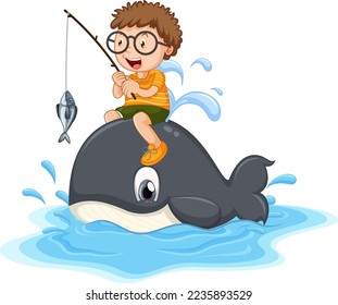 Cute boy riding on whale illustration