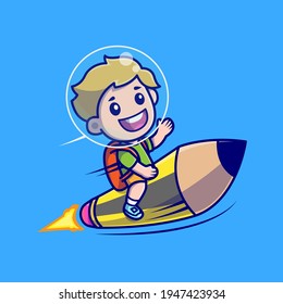 Cute Boy Riding Pencil Rocket Cartoon Vector Icon Illustration. People Education Icon Concept Isolated Premium Vector. Flat Cartoon Style