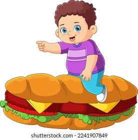 A cute boy riding and playing a big hotdog of illustration