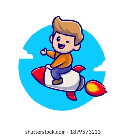 Cute Boy Riding Rocket Cartoon Vector Icon Illustration. People Transportation Icon Concept Isolated Premium Vector. Flat Cartoon Style