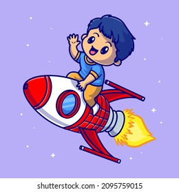 Cute Boy Riding Rocket In Space Cartoon Vector Icon Illustration. People Technoology Icon Concept Isolated Premium Vector. Flat Cartoon Style