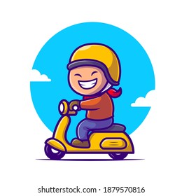 Cute Boy Riding Scooter Cartoon Vector Icon Illustration. People Transportation Icon Concept Isolated Premium Vector. Flat Cartoon Style